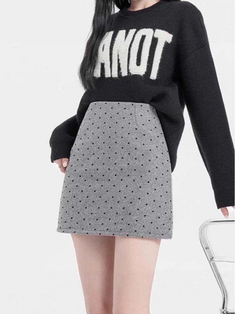 Women's Gray Heart Polka Dot Woolen A-Line High Waist Slimming Short Skirt for Autumn/Winter