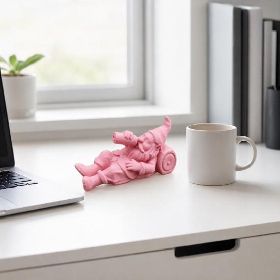3D Printed Drunken Gnome Figurine, Lying Drinking Dwarf Statue, Matte Pink Decor Ornament with Clear Texture, Stable Base for Garden Flower Pot Desk