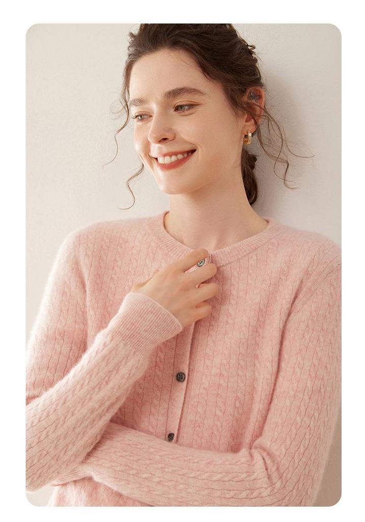 Women's Cable Knit Cashmere Cardigan - Long Sleeve, Button-Up Sweater for Autumn/Winter 2024.