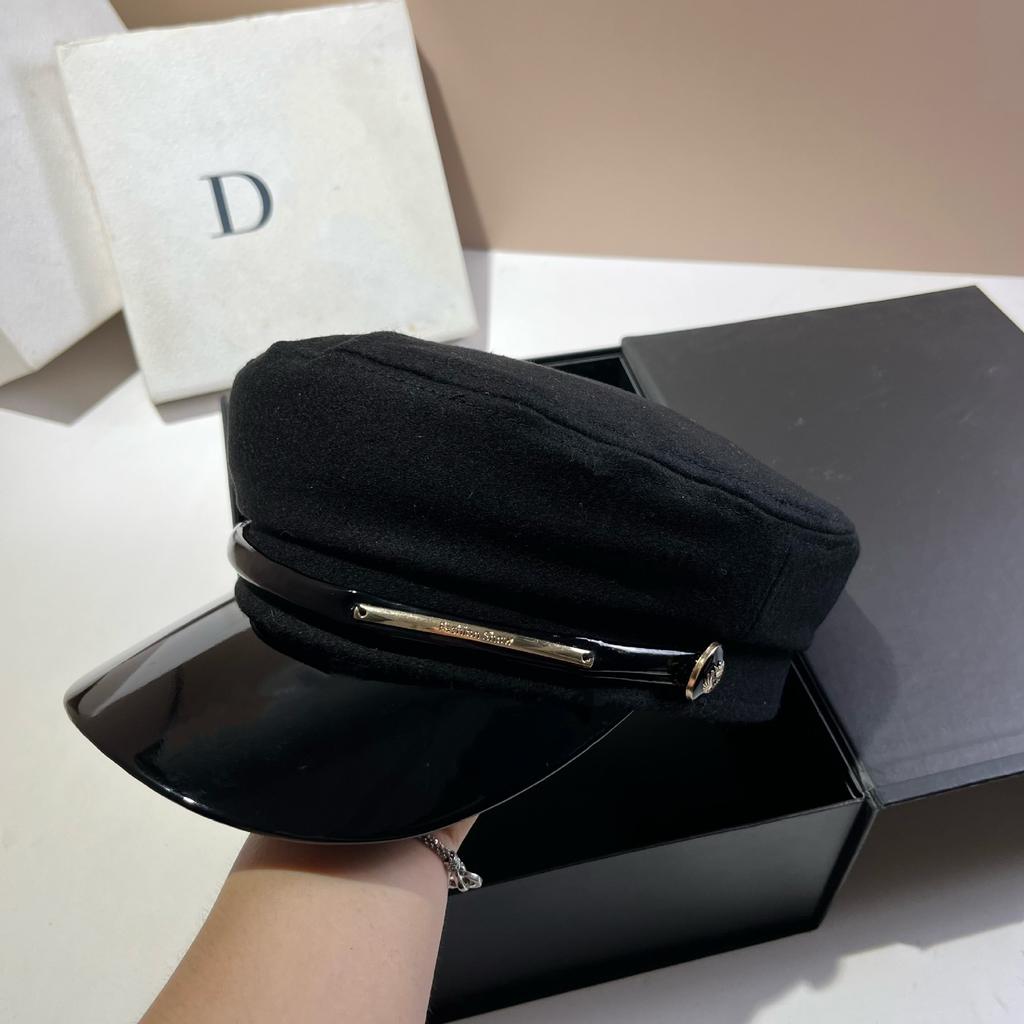 European and American Simple and Versatile Black Wool Navy Hat Autumn and Winter New Bright Leather Brim Fashionable Big-name Duck Tongue Newsboy Hat