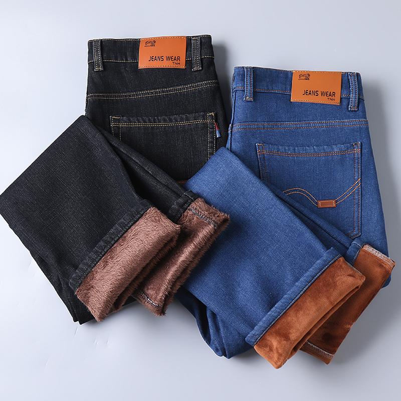 Jeans for menn Denim Høst og vinter Plysj fortykket Løs Rett Stor størrelse Varmt arbeid Uformelle lange bukser