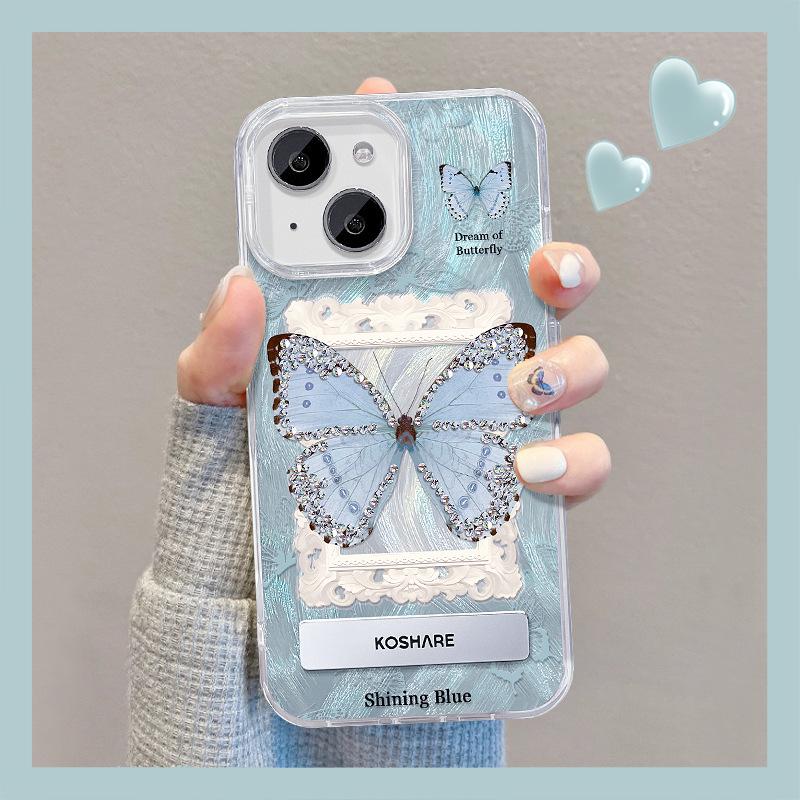 Etui na telefon komórkowy Apple 15 Lato Iphone14 Cyrkonie Niebieski Motyl Stojak 13 Włóczka Piórkowa Laser 12 Zaawansowane