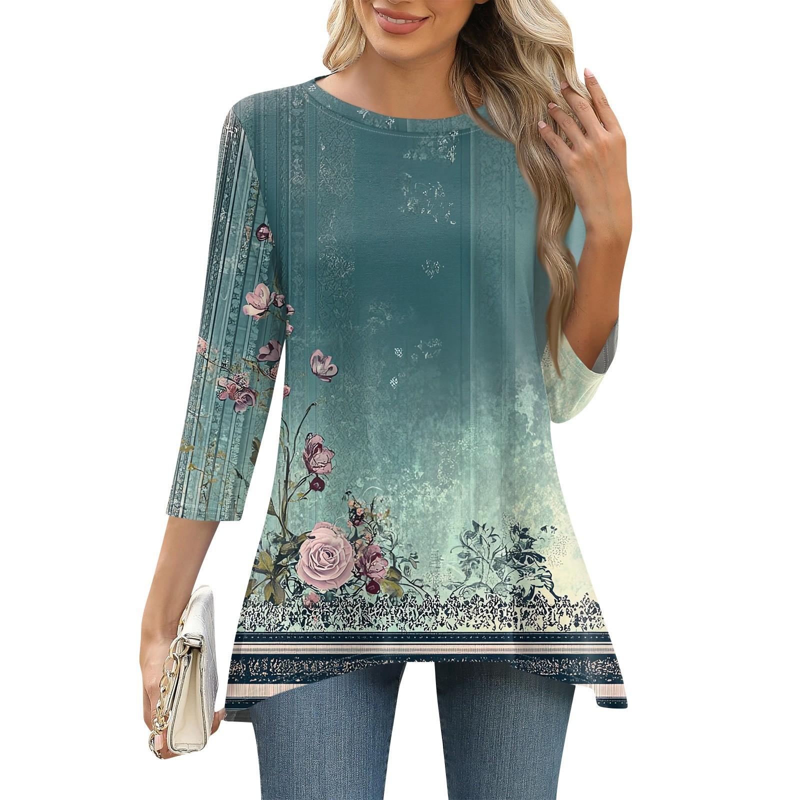 

3/4 рукав туника топы для женщин принтованный повседневный выходной свободный крой модная базовая футболка с круглым вырезом XL