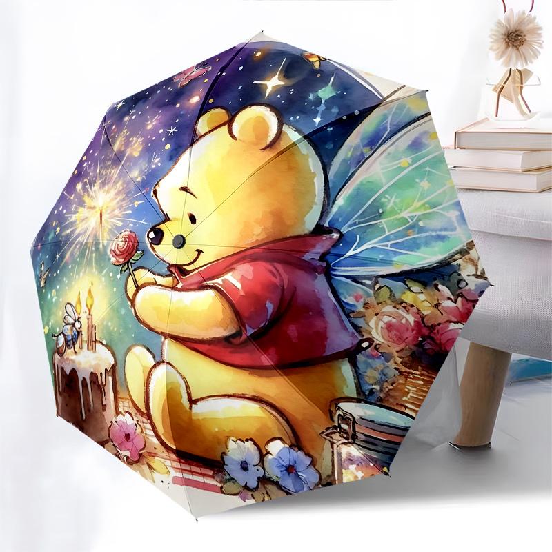 Winnie-the-Pooh, Fairy-tale Automatic Opening and Closing Umbrella - 8 Ribs Portable Folding Umbrella with Plastic Handle, Suitable for Leis