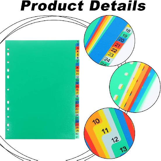 Extra Wide Index Dividers Extended ert Indexes Binder Tab ertable Dividers Plastic Document Organisers - Assorted Color 6-Tab, Number, 31 Pieces