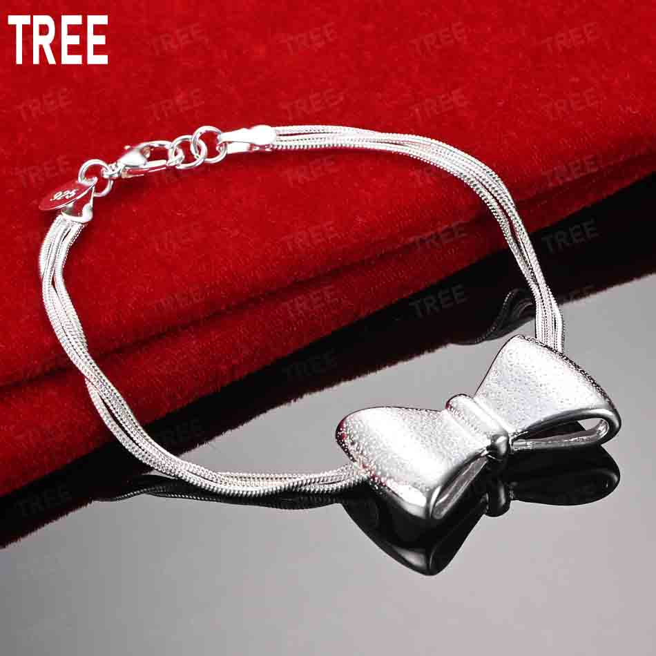 925 Sterling Silver Tassel Bow Side Chain Romantic Bracelet Gift Jewelry 20CM