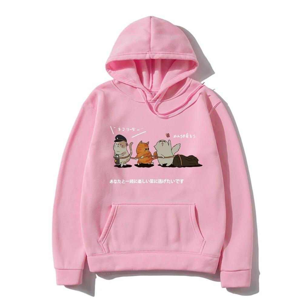 Men Hip Hop Unisex's Hoodies Streetwear Japanese Kanji Harajuku Funny Cat Unisex Hoodies Sweatshirts Autumn Winter Oversized Clothing