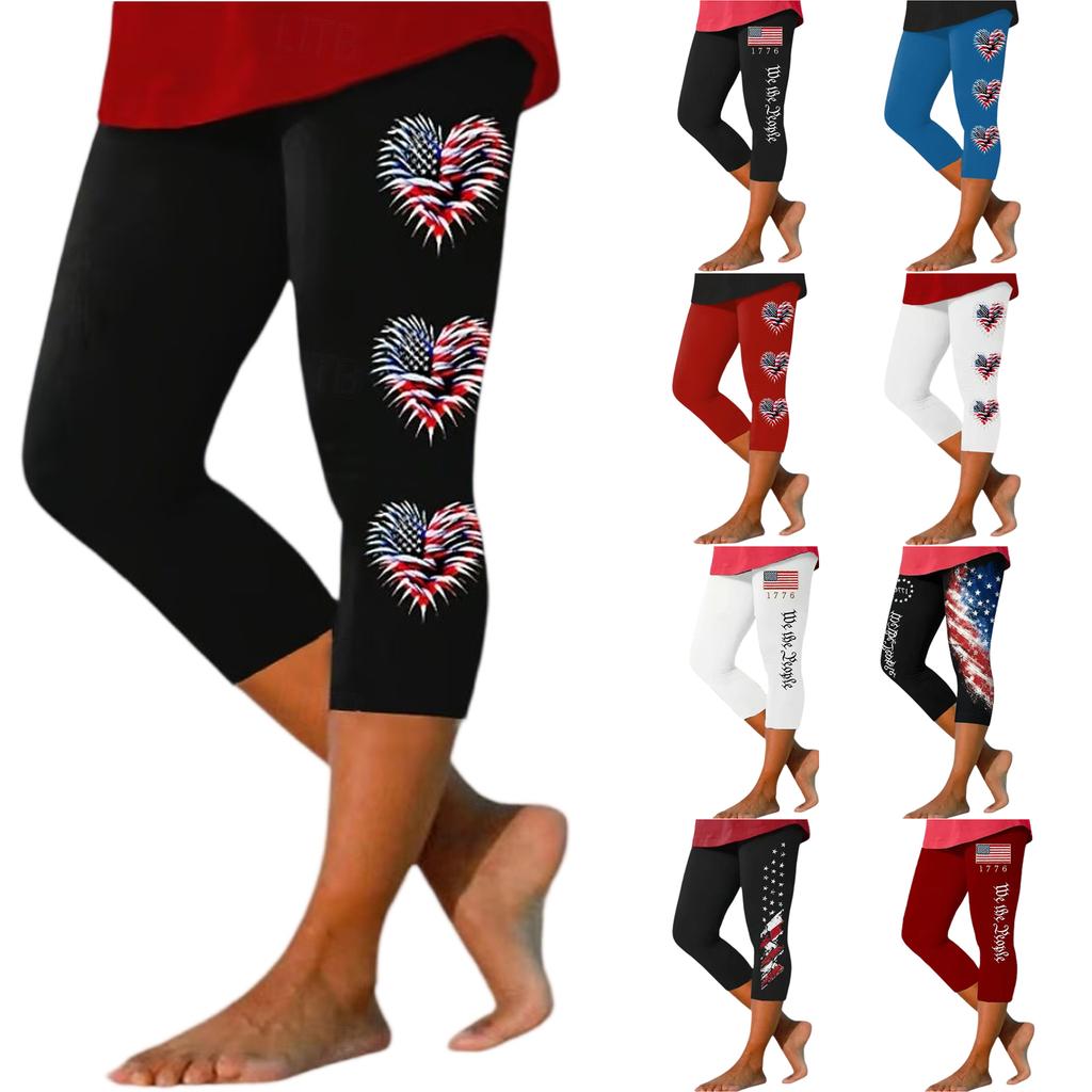 Women's Elastic Waist Capri Pants with Patriotic Heart Print Stretchy Fit Mid-Calf Length Casual Beach Bottoms