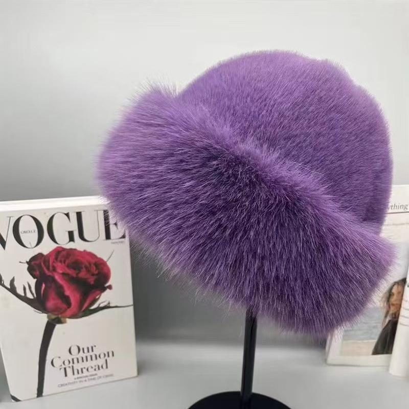 

Thicken Plush Warm Fur Hat for women Fluffy Cold Protection Beanie Winter Warm Thick Hat Mongolian Caps for Cold Snow Caps фиолетовый