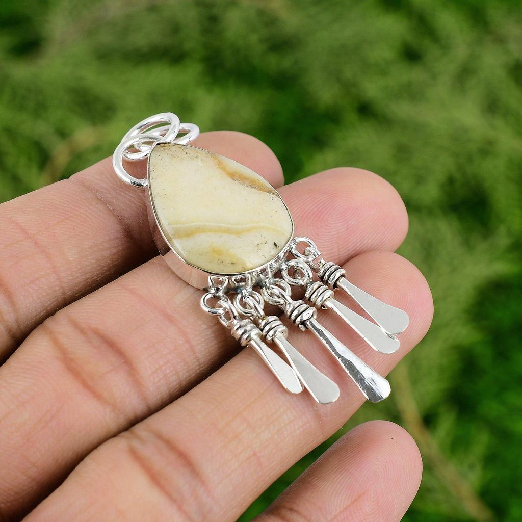 Daughters Day Sale 925 Silver Aragonite Stone Engagement Bezel Pendant Jewelry