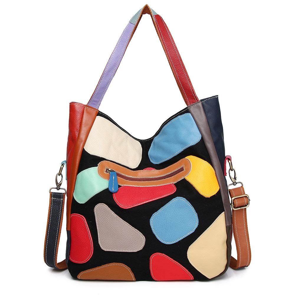 Genuine Leather Women'S Bag Retro Personality Colorful Hand-Spliced Cowhide Shoulder Bag Messenger Bag