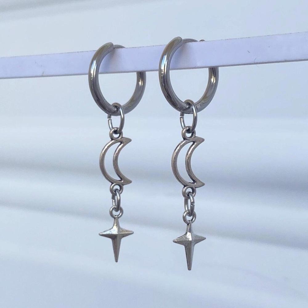 Y2K Hip-hop Silver Color Star Moon Dangle Hoop Earrings for Men Women Stainless Steel Gothic Punk Celestial Jewelry Accessories