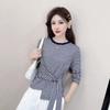 Autumn Korean Design Striped Lace-up Bow Contrast Color Long-sleeved T-shirt Is Versatile and Trendy
