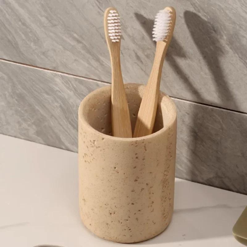 Beige Retro Cave Stone Soap Dispenser, Bathroom Accessories, Shampoo Dispenser, Storage Tray, Tissue Box, Toothbrush Holder