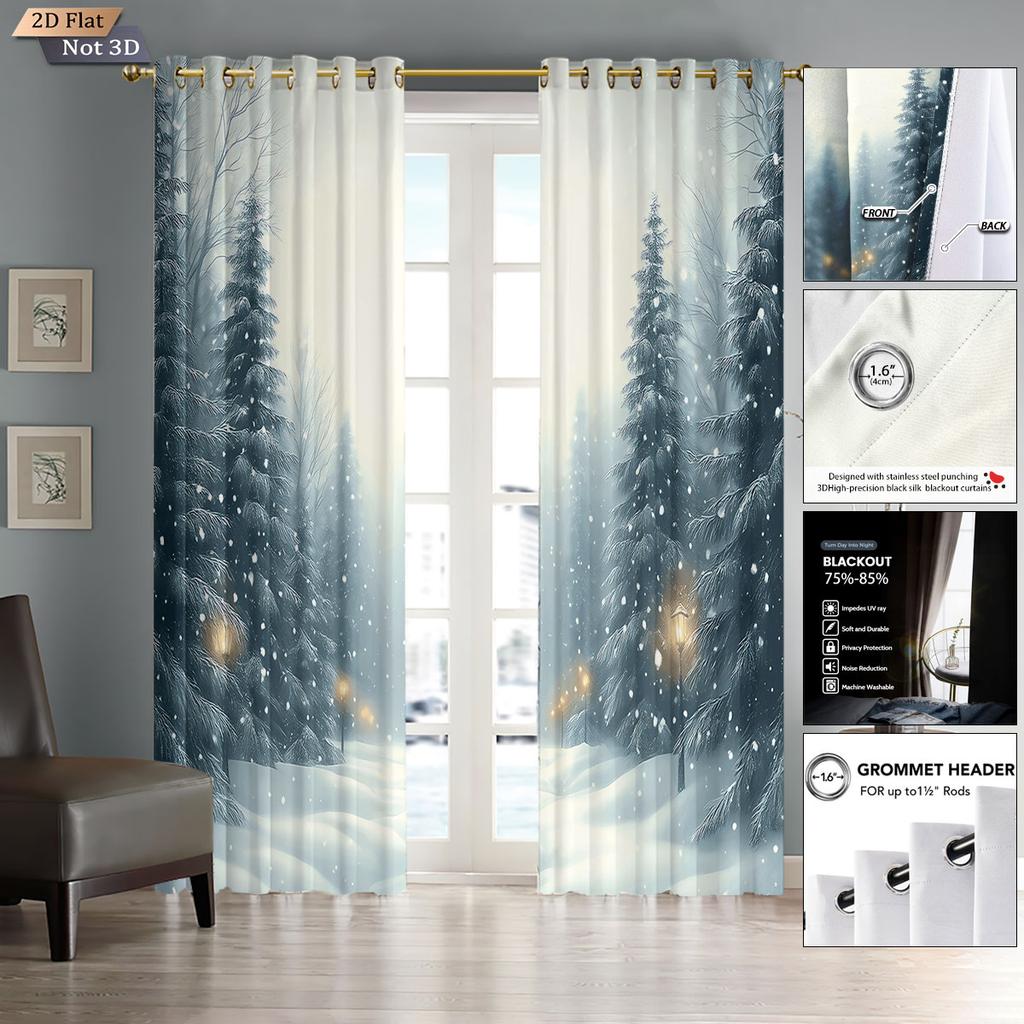 Set Of 2 Winter Christmas Snowy Forest Printed Shade Curtains Insulation Multi Size Living Room Holiday Decoration Curtain Polyester Machine Washable