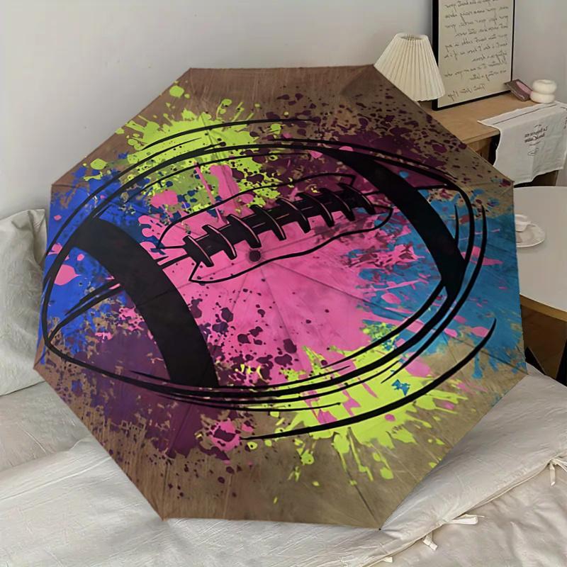 Colorful Football Splash Art Automatic Opening/Closing Umbrella - Portable Tri-Fold Design with 8-Bone Iron Frame, Perfect for Fans, Travele