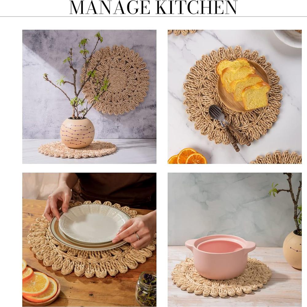 Sottopiatti Rotondi in Foglia di Mais Stile Boho in Rattan Intrecciato Sottopiatti da Tavola in Rattan Intrecciato Stile Rustico Cestino Piatti da Portata Primaverili come Giacinto d'Acqua, Erba Marina