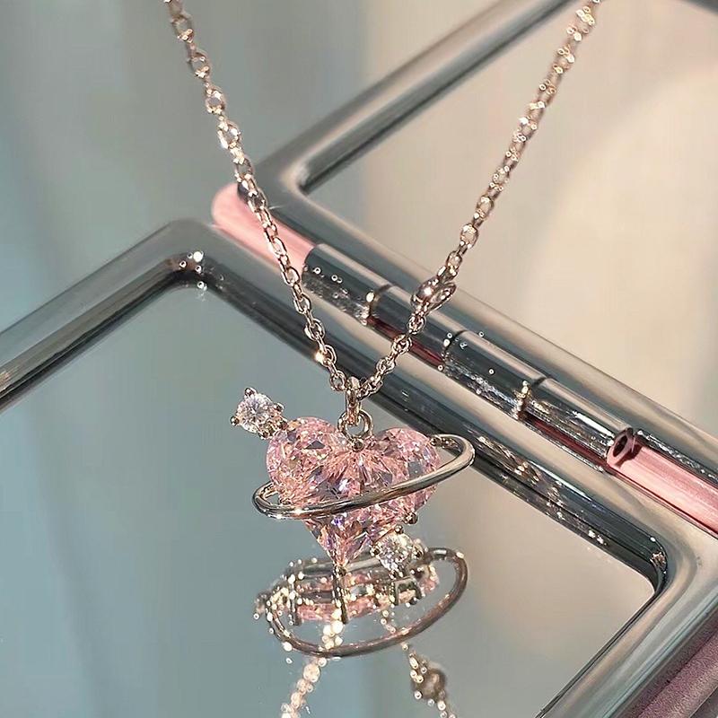 Y2K Trend Pink Planet Heart Zircon Necklaces Women Charm Aesthetic Clavicle Chain Pendent Necklace Party Jewelry Gifts