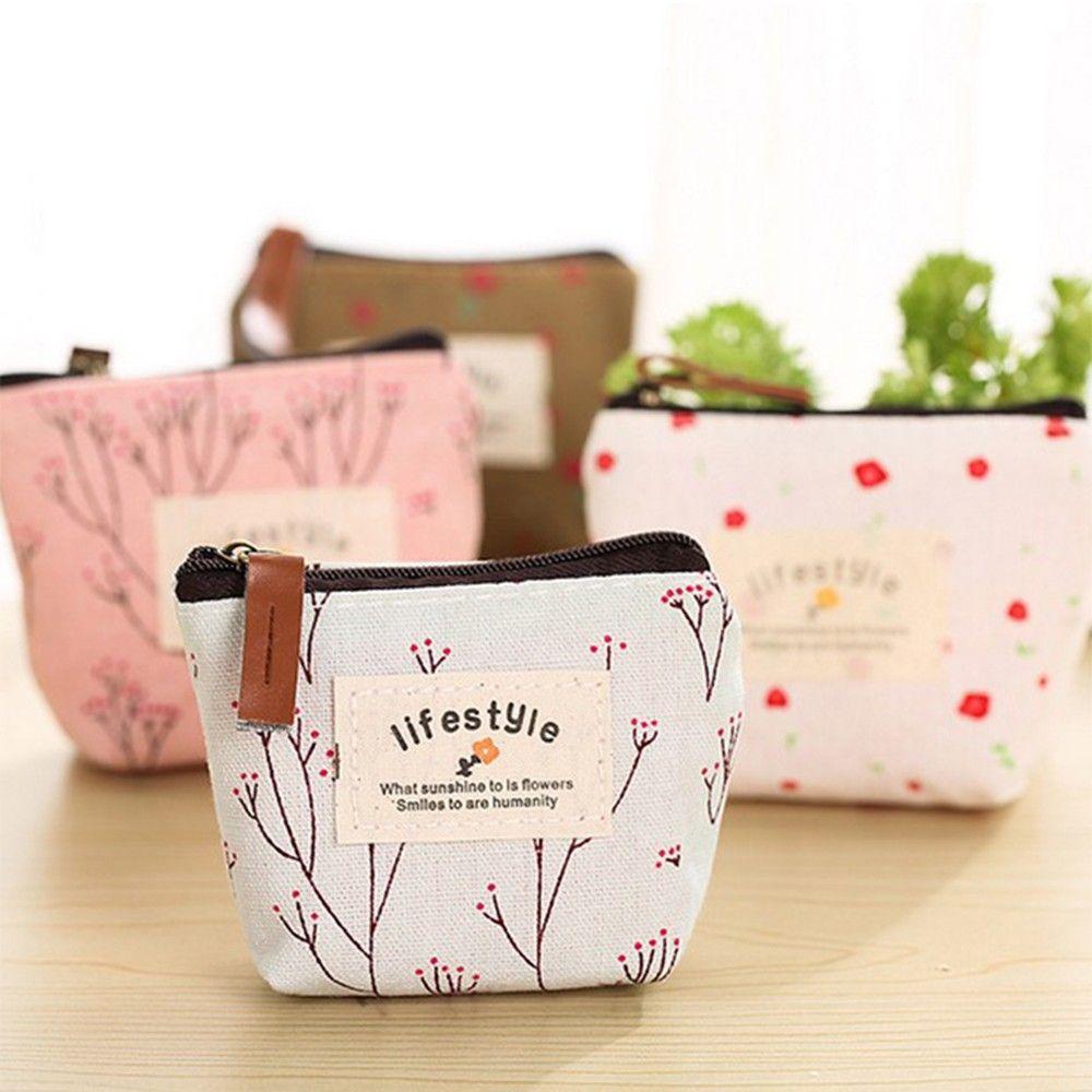 Rural Key Case Credit Card Pouch Flower Makeup Women's Floral Coin Bag Wallet Handbag Zip Purse