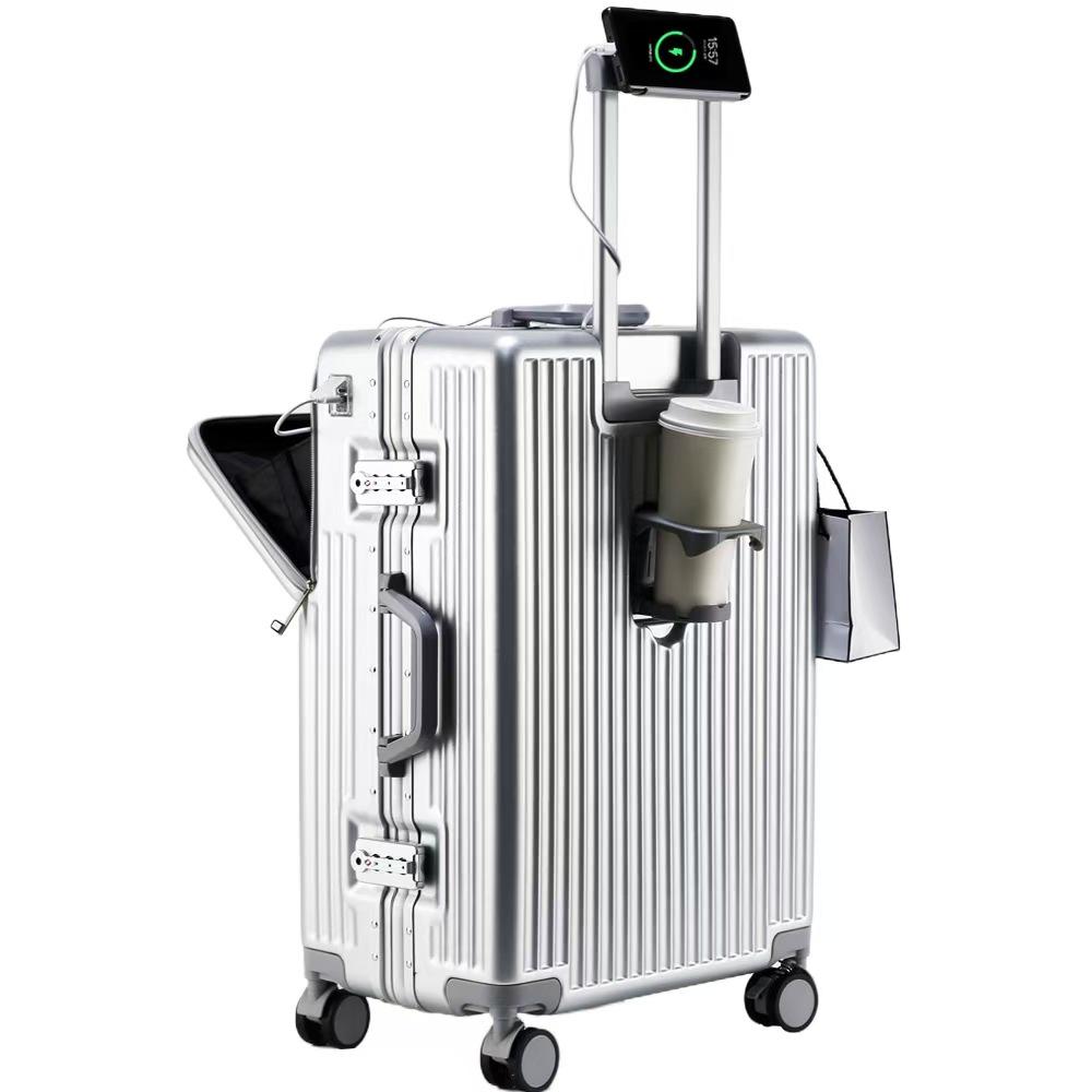 Universal Aluminum Frame Trolley Suitcase with Front Opening and Large Capacity for Women and Men