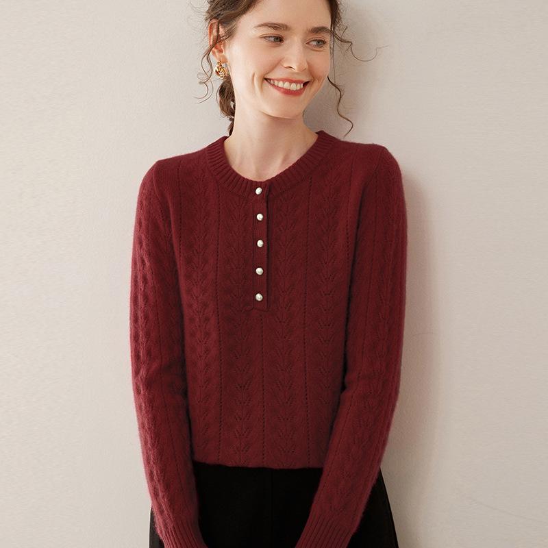 Women's Autumn/Winter Slimming Cashmere Sweater - Round Neck Hollow Jacquard Design with Half-Open Collar