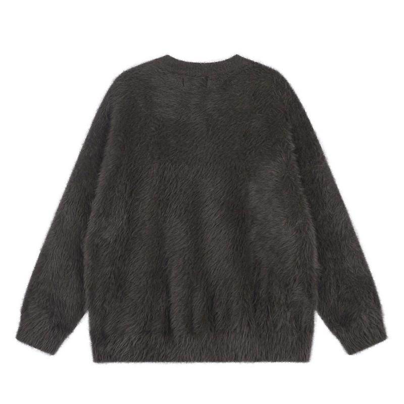 Mens Faux Mink Knit Sweater Loose Fit Round Neck Butterfly Detail Streetwear Fall Winter