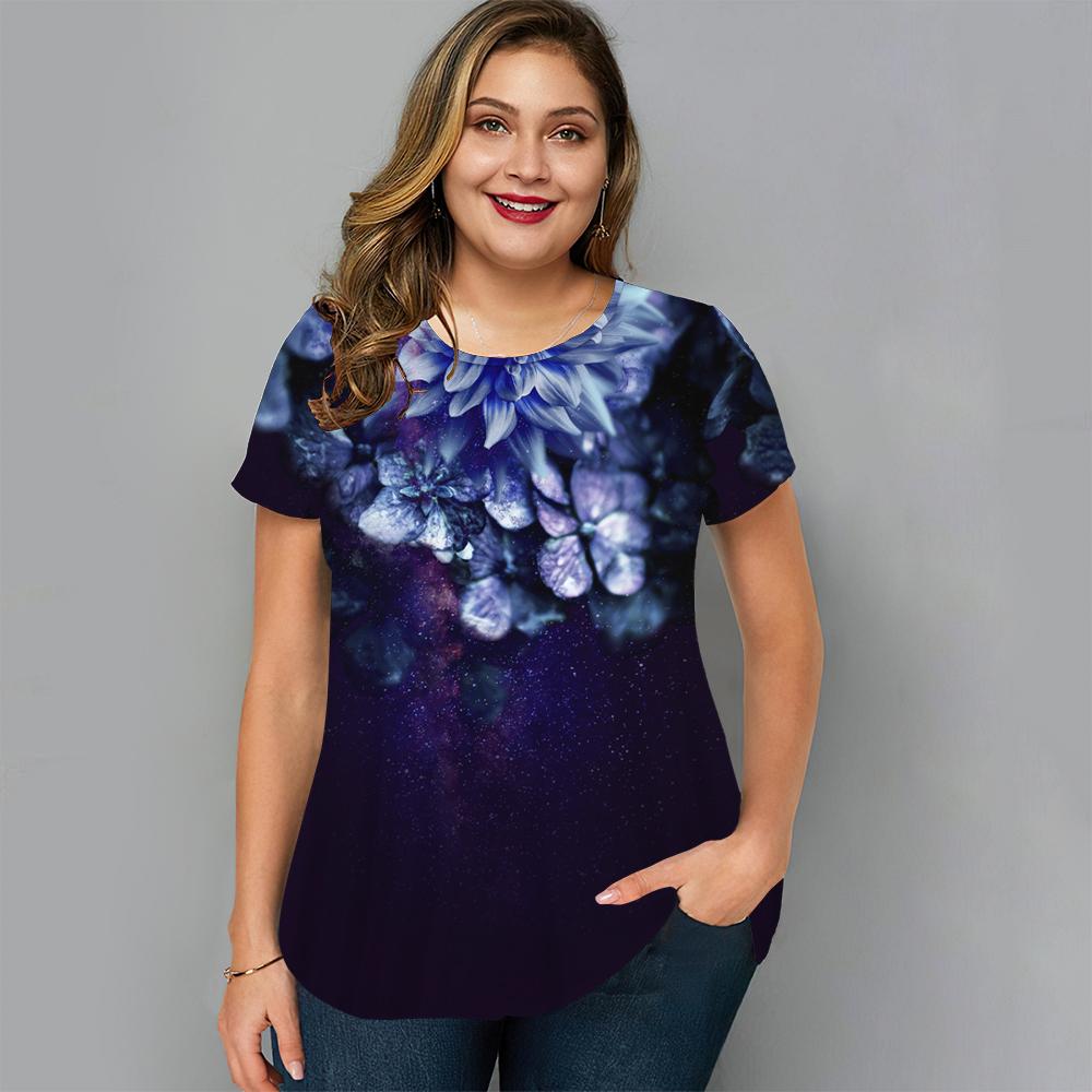 Summer Round Neck Floral Graphic 3D Print Top Fashionable Casual Short Sleeved Plus Size Women's T-shirts
