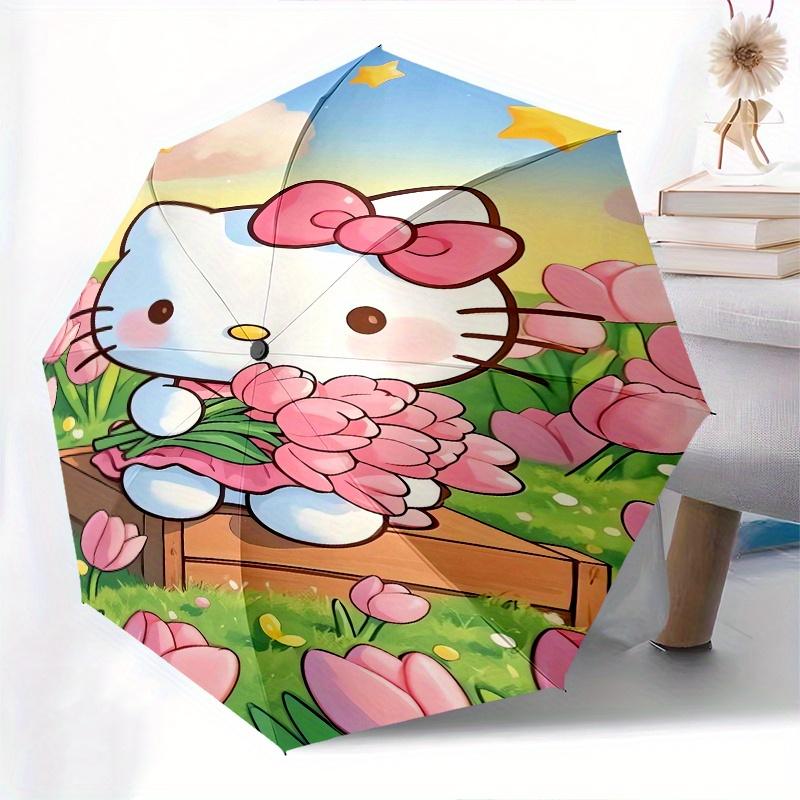 Hello Kitty,Spring Flowers Automatic Folding Umbrella-Simple 8-Rib Design, Bright Cartoon Pattern, Durable Iron Frame, Suitable For Travel,