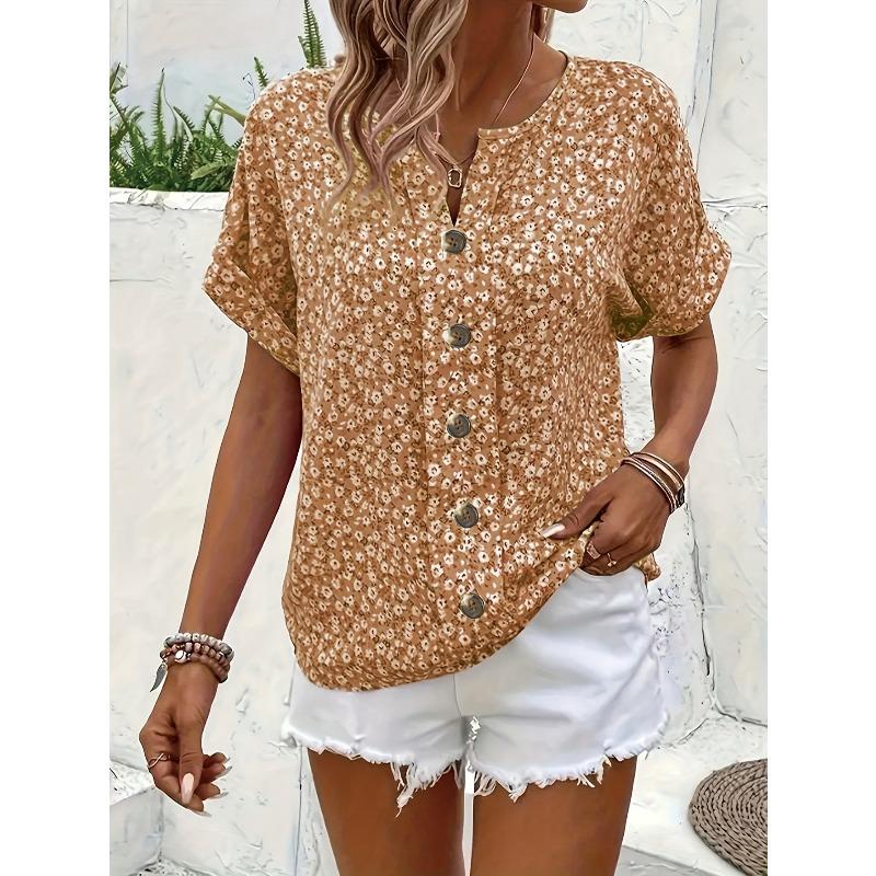 Summer Printed Women's T-shirt Elegant Floral Buttons Short Sleeve Loose Casual T-shirts Women Fashion Vintage Office Ladies Pullover Tee Tops New