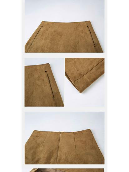Plus Size Mallard Brown Suede A-Line Skirt for Women - Autumn/Winter Short Skirt in Caramel Camel Tone