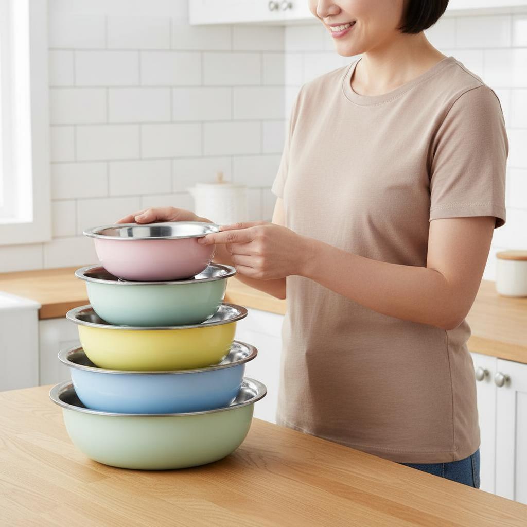 5 Pieces Bowl Set with Colander Multicolor Metal Wash Bowls Nested Stainless Bowls Nestable Design Colorful Kitchen Bowl Set