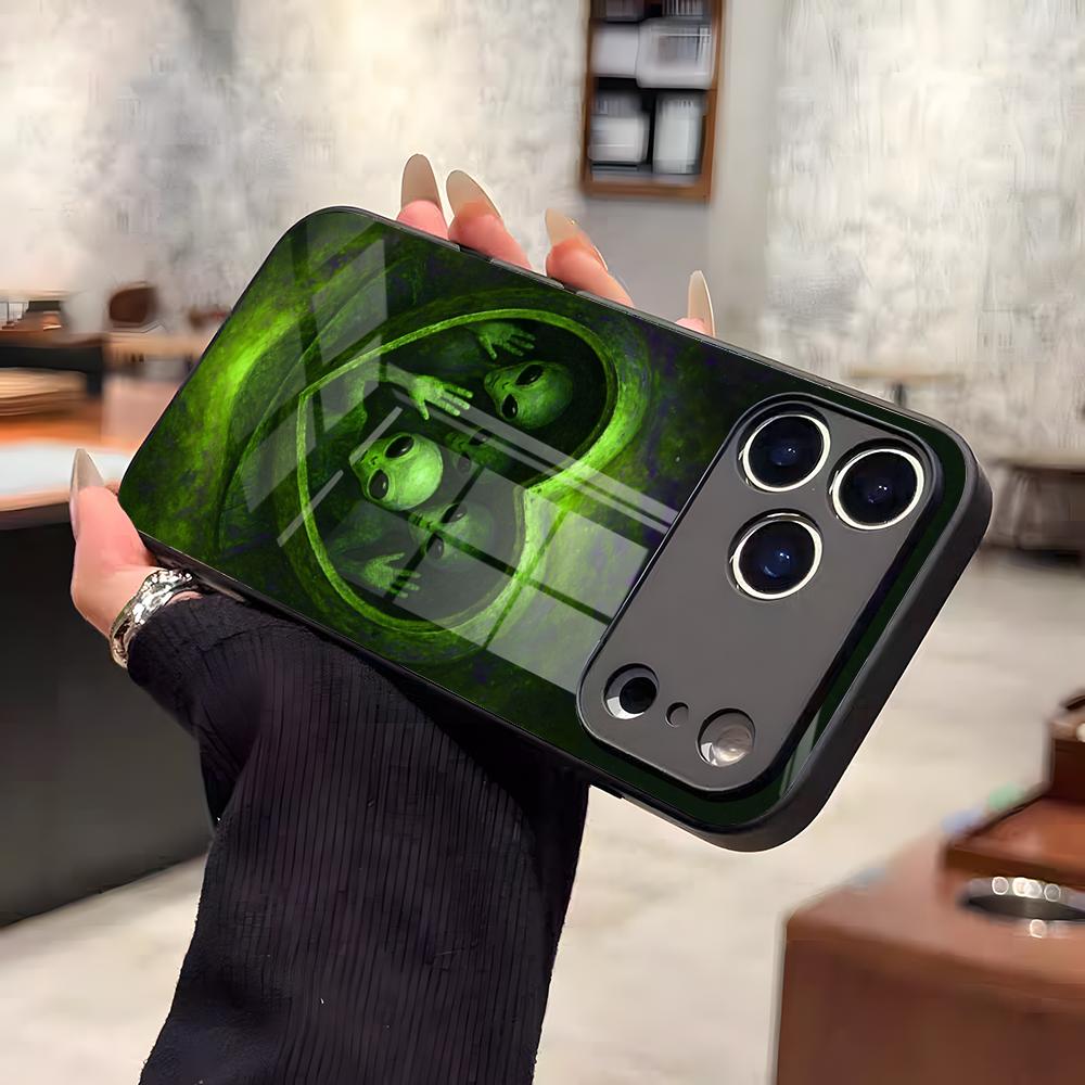 Funny Space UFO Alien Thing Phone Case For IPhone 17 Air 16 E Pro Max 15 14 13 Mini 12 Pro 11 Max Plus Black Glass Cover