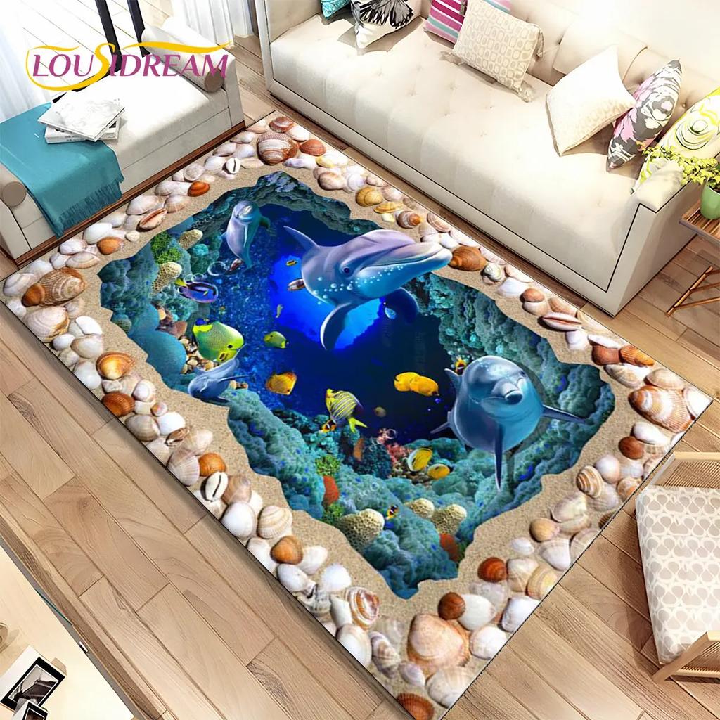 3D Illusion Seabed Underwater World Dolphin Shark Area Rug,Carpet Rug for Living Room Bedroom Sofa Doormat,Non-slip Floor Mat
