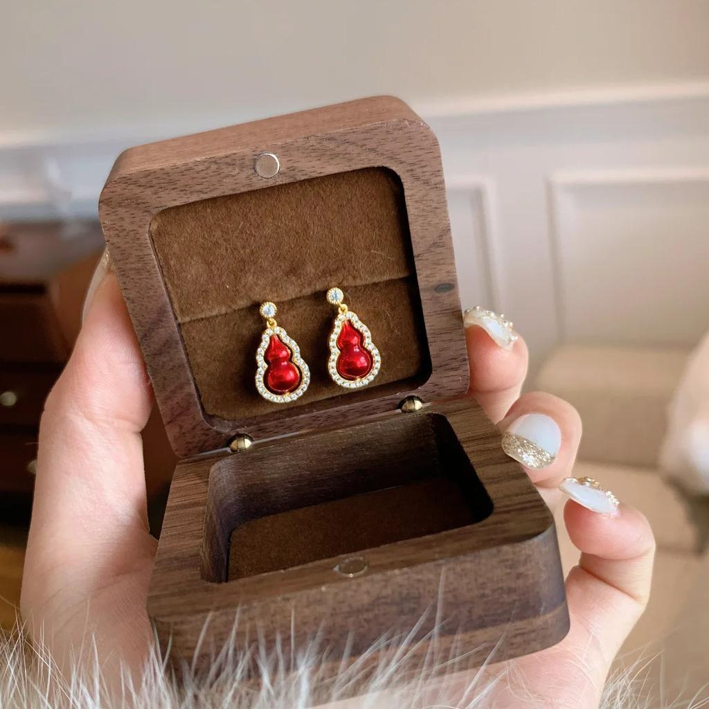Double-Sided Rock Sugar Gourd Necklace Pendant Niche Enamel Glazed Fulu Ring Premium Red Diamond Stud Earrings Women