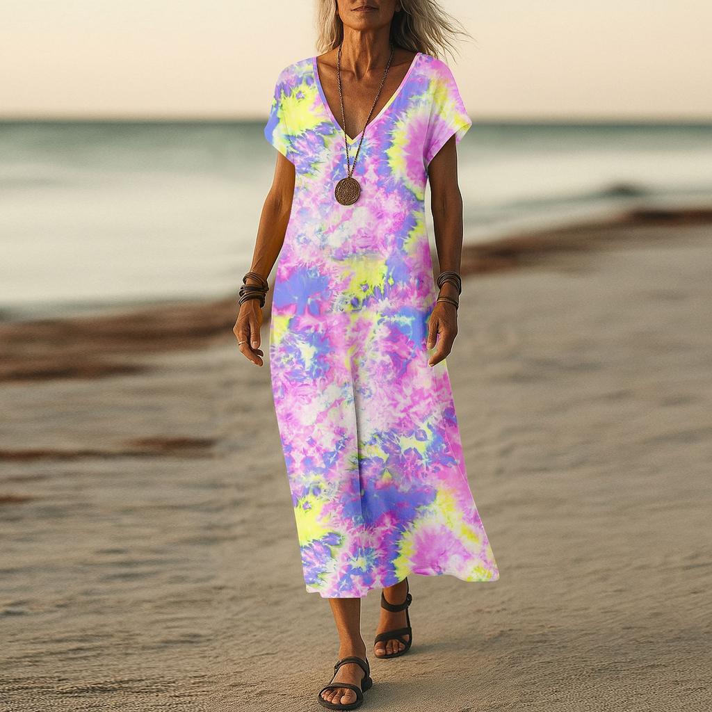 Summer Dress Women's Long Boho Beach Dress Elegant Maxi Dress V-Neck Short Sleeve Summer Tunic Dress Light Airy