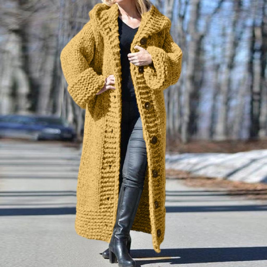 Cardigan con cappuccio da donna a tinta unita, vestibilità larga, lunghezza lunga, con bottoni a monopetto