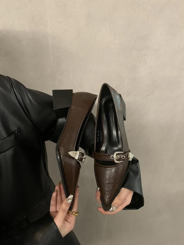 Fashion 2024 New Summer Women's Dress Shoes Patent Leather Slip On Pointed Toe Sandals Buckle Slingbacks Mid Heels Pumps Sandalias Mujer