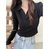Korean version of the new spring and autumn polo collar shoulder pure desire wind long-sleeved T-shirt women's design sense slim and thin top
