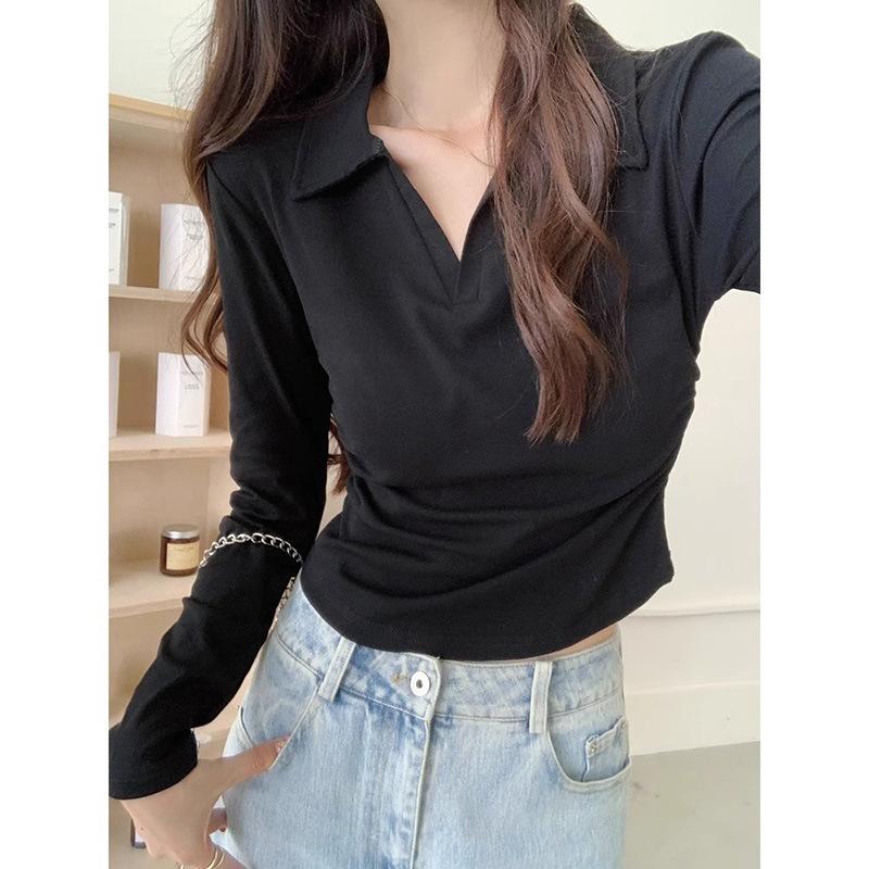 Korean version of the new spring and autumn polo collar shoulder pure desire wind long-sleeved T-shirt women's design sense slim and thin top