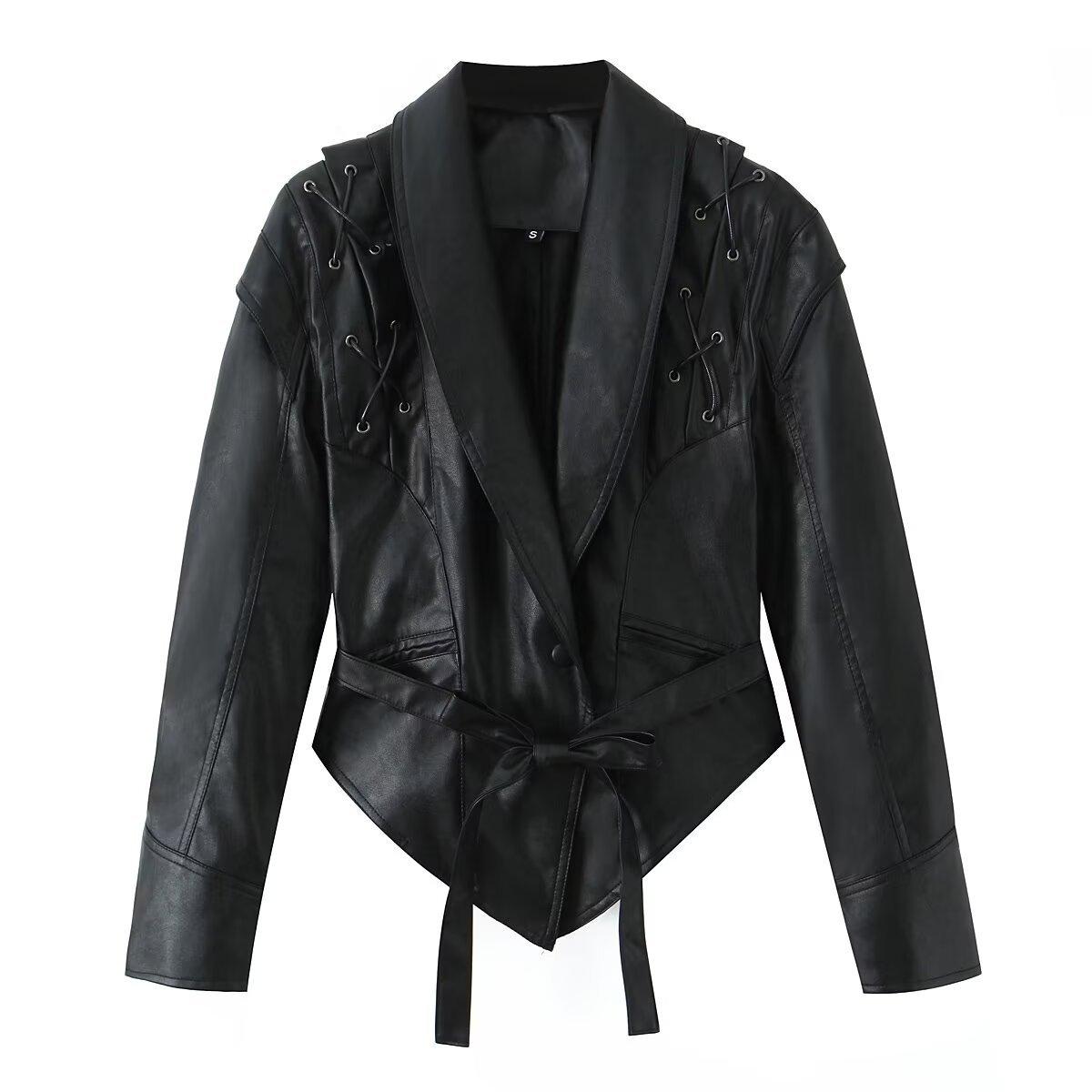 

New American Retro Waist Cinching Short Suit Leather Jacket for Women XS