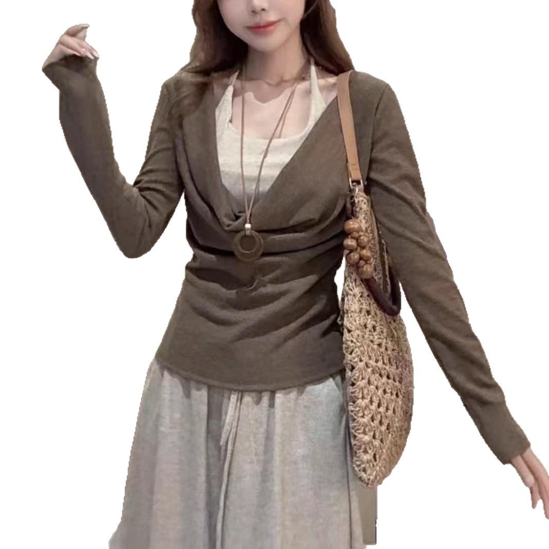 

Spicy Girl Faux Two-Piece Halter Neck Long Sleeve Plus Size Waist-Cinched Slimming Top for Autumn Extra Large