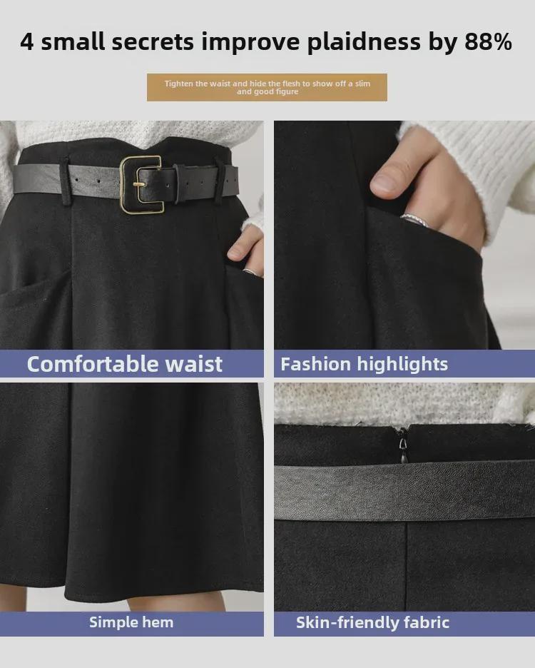 Fusta A-Line din Lână în stil francez pentru femei - Lungime mijlocie, Talie înaltă, Toamnă/Iarnă