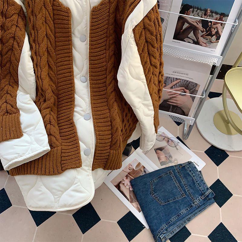 Dimanaf Maglioni Inverno 2024 Cappotto Patchwork Imbottito Bottoni Giacca Lavorata a Maglia Finto Due Pezzi Maglione Largo