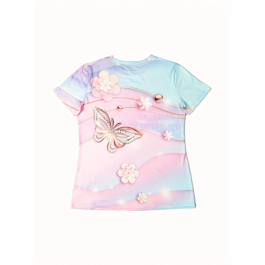 Vibrant Butterfly Print Crew Neck T-Shirt Soft Slight Stretch Polyester Regular Fit Short Sleeve Spring & Summer Womens Casual Clothing