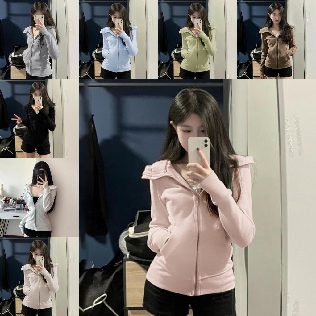Felpa con cappuccio da donna autunnale in cotone elasticizzato con tasche e zip per abbigliamento casual