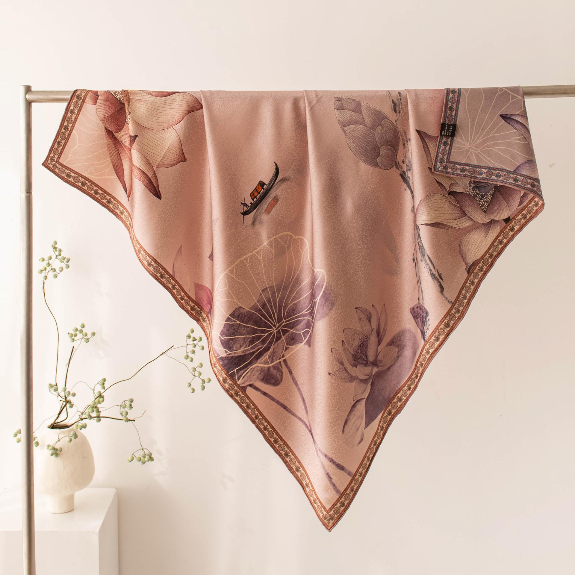 Spring new double-sided purple rhyme lotus square scarf versatile mulberry silk silk scarf silk scarf women s light luxury square scarf 106*106cm