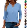 Women's Fashionable Casual Color V-Neck Decorative Button Three-Quarter Sleeve T-Shirt Top
