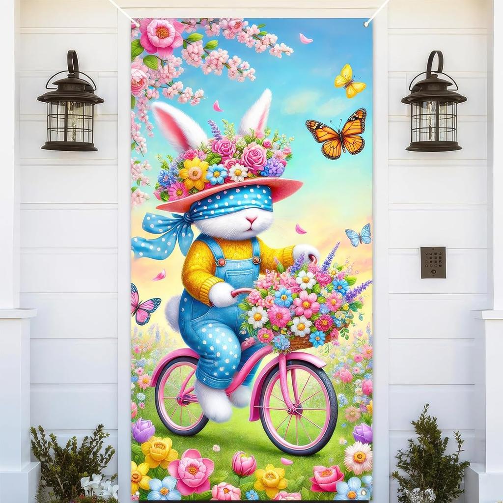 Spring Easter Door Cover 71x35 Inch Welcome Spring Door Banner Easter Bunny Door Decorative Colorful Flower Basket Rabbit Background for Spring