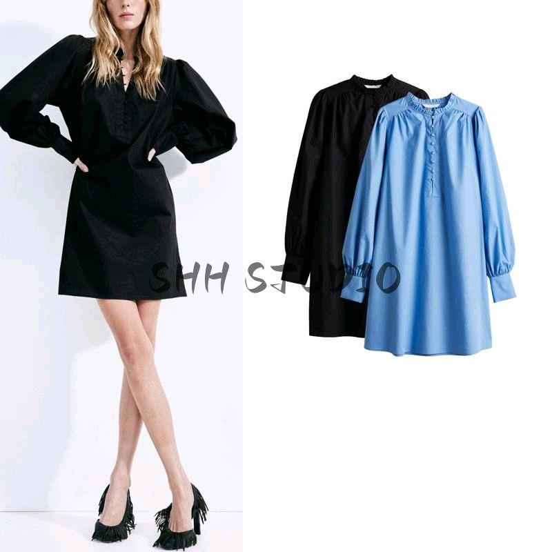 Spring New Women's Clothing French Style Stringy Selvedge round Neck Lantern Sleeve Short a Words Mini Dress 1264747