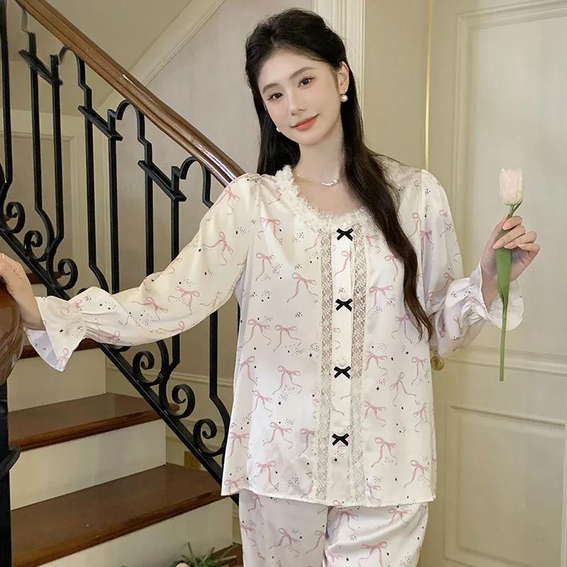 French Pajamas Women's Long-sleeved Pants Sweet Crewneck Princess Style Ice Silk Suit Printed Pajamas Home Wear Outwear